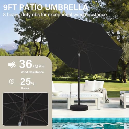 MEWAY 9ft Patio Umbrella Outdoor Table Umbrellas with Push Button Tilt and Crank, Market Umbrella 8 Sturdy Ribs for Deck, Garden, Pool and Backyard, Black - color: Black, size: 9ft