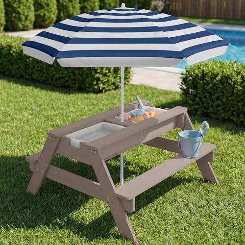 Best Choice Products Kids Picnic Table with Umbrella, 3-in-1 Sand & Water Table, Outdoor Convertible Picnic Table for Toddlers, Seats 4, Removable Top, 2 Buckets - Gray/Navy - color: Gray/Navy