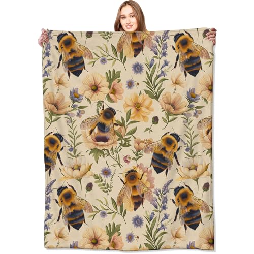 Bumblebee and Floral Blanket Bee and Wildflower Yellow Throw Blankets Gifts for Girls Boys Adults Lightweight Soft Fleece Cozy for Sofa Couch Bed Room Travel Birthday Decor 50x60in - color: Bee, size: 50x60in