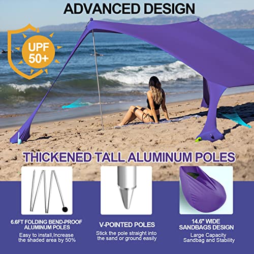 Buheco Beach Tent Pop Up Shade 7x7.5ft Beach Canopy Sun Shelter UPF50+ with 4 Foldable Poles Portable Carrying Bag Sand Shovel Ground Pegs Windproof Ropes for Outdoor Family Camping Fishing Picnic - color: Purple, size: 7x7.5FT 4 Pole