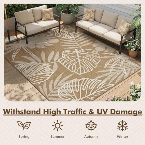 MontVoo-Outdoor Rug-Patio Rug 5x7 ft Polypropylene Indoor Outdoor Rugs Outdoor Carpet for Patio Deck Balcony Porch, Textured Weave, Durable for High Traffic, Fade-Resistant, Tropical Neutral Brown - color: Brown Tropical, size: 5' x 7' (Rectangular)