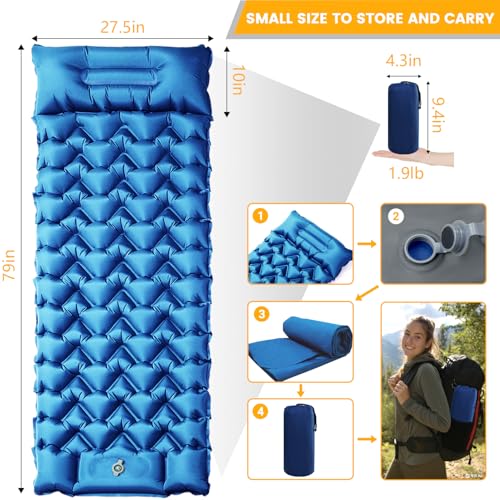 Inflatable Camping Mat, Ultra-Lightweight Sleeping Pad with Built-in Pillow & Foot Pump, Camp Pads for Backpackers, Hikers & Outdoor Enthusiasts, Easy to Carry, Gifts - color: Blue+grey
