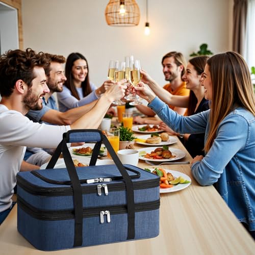 Insulated Double Casserole Carrier - Portable Casserole Carriers for Hot or Cold Food Lunch Tote Warmer or Cooler Bag for Potluck Parties Picnic Cookouts, Fits 9" x 13" Baking Dish - Navy Blue - color: Navy Blue