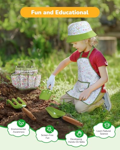 Kids Gardening Set Toys, Quality Garden Tool Kit for Kids and Toddlers, Includes Two Shovels, Garden hat,Rake, Apron,Gloves, Watering Can, and Tool Bag (Green) - color: A-green