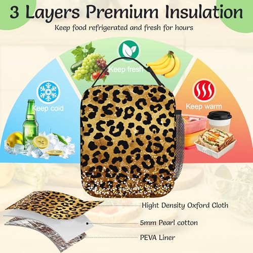 Leopard Print Lunch Box for Men,Gold Glitter Lightweight Reusable Lunch Bag for Girls Boys,Portable Insulated Small Cooler Bag for Picnic,Travel,School,Office - color: Leopard Print