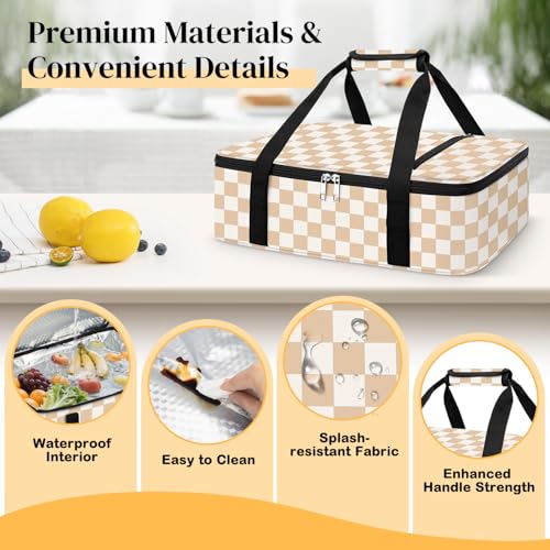 Coobiiya Insulated Casserole Carrier,Lasagna Lugger Tote Keeps Food Hot or Cold,Thermal Lunch Bag Warmer & Cooler Carrier Bag,Portable Tote Bag Fits 9" x 13" Baking Dish for Picnic and Cookout - color: Beige Grid, size: Single Layer: 15.75 × 11.8 × 4.7 in