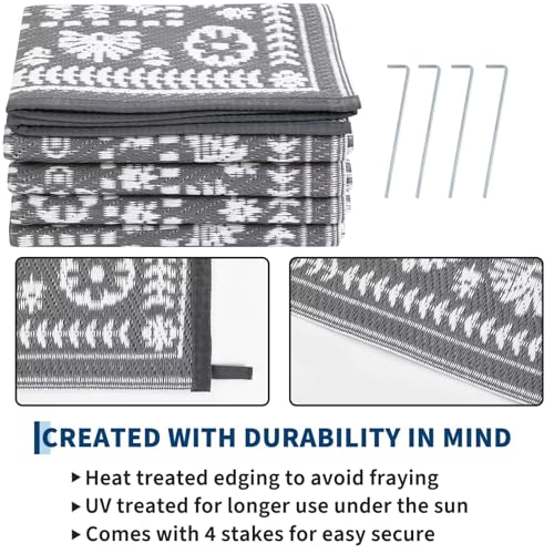 Garvee Reversible Outdoor Rug 5x8 for Patio, Waterproof Outdoor Area Rug, Boho Medallion Indoor Outdoor Carpet for Porch, Plastic Straw Rug for RV, Camping, Deck, Vintage Grey - color: Grey & White, size: 5' x 8' (Rectangular)