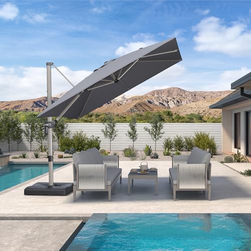 PURPLE LEAF 9’ X 9‘ Patio Umbrella Outdoor Cantilever Umbrella, Aluminum Offset Umbrella with Champagne Frame and 360° Rotation for Pool Deck Garden, Light Grey - color: Light Grey, size: 9' x 9'