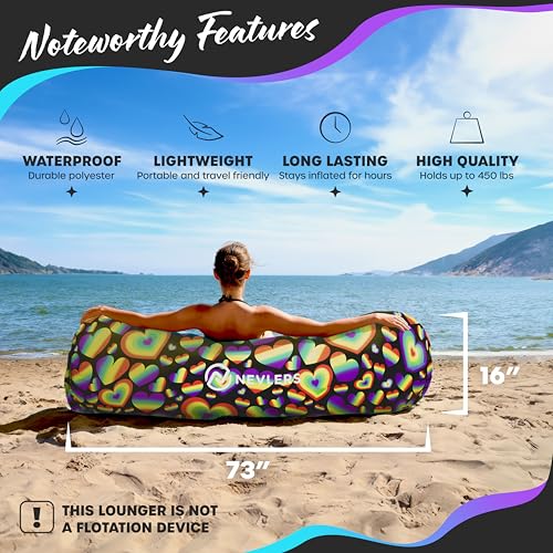Nevlers Rainbow Heart Inflatable Lounger Air Sofa | 210T Polyester Inflatable Couch | No-Pump Air Couch | Inflatable Sofa w/ 450lbs. Cap., Pockets & Matching Bag | Use as Camp Chairs for Adults & Kids - color: Rainbow Hearts, size: 1 Pack