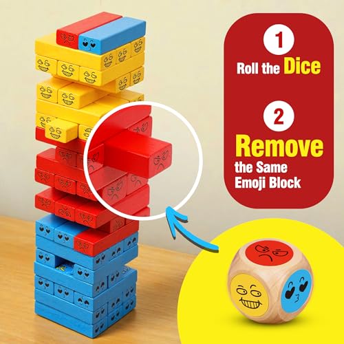 Tumble Tower Blocks Party Game,121PC Wooden Stacking Game,60 Blocks,60 Cards,1 Dice,Thousands of Hilarious Combos,Classic Tower Stack Games for Family Night Party Wood Block Games with Storage Bag