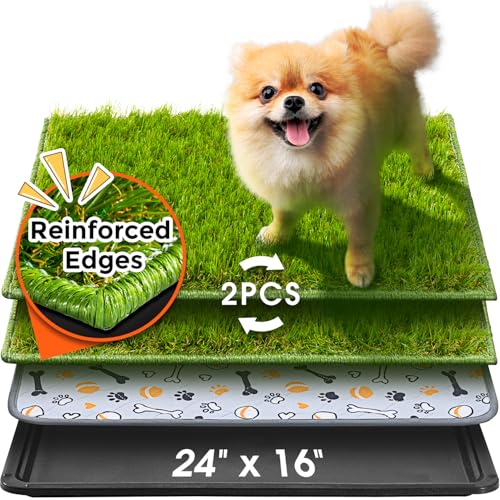 Hompet Dog Grass Pad with Tray Large, 24"x16", 2 Reusable Artificial Turf for Dogs Potty, Waterproof Non-Slip Washable Pee Pads, Quickly Absorbency Portable Dog Litter Box for Indoor/Outdoor Use - size: 24 x 16"