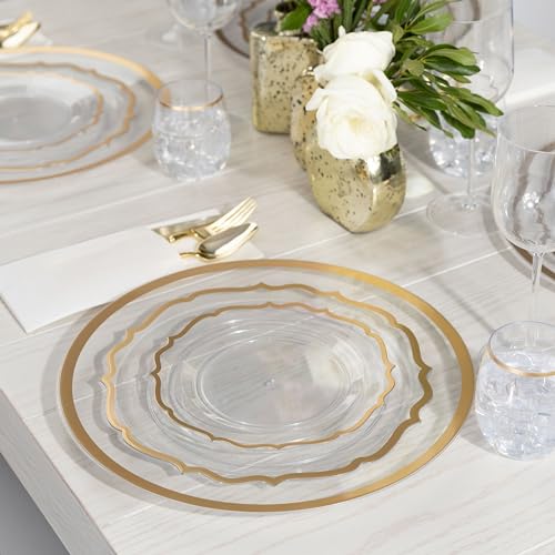 PLASTICPRO 32 Pack Elegant Disposable Plastic Plates Combo Set Includes 16 Dinner Plates and 16 Salad Plates Heavy Duty Fancy Party Plates Clear & Gold Contemporary Design - color: Clear & Gold Contemporary