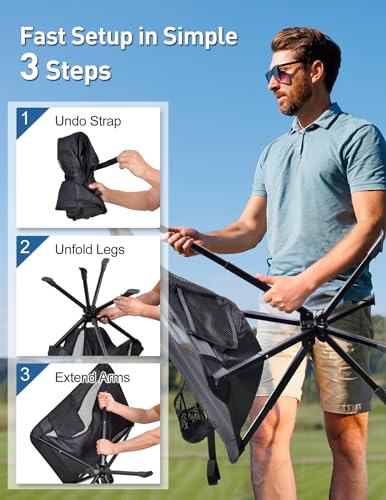 Docusvect Swivel Portable Camping Chair for Adults, Fast Setup, Lightweight & Small Folding Chair with Cup Holder, Side Pocket and Carry Bag - Support 330 LBS - color: Black