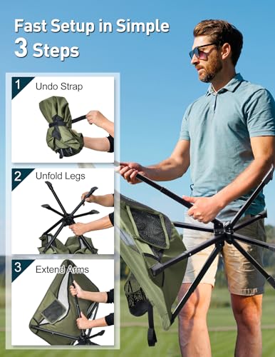 Docusvect Swivel Portable Camping Chair for Adults, Fast Setup, Lightweight & Small Folding Chair with Cup Holder, Side Pocket and Carry Bag - Support 330 LBS - color: Moss