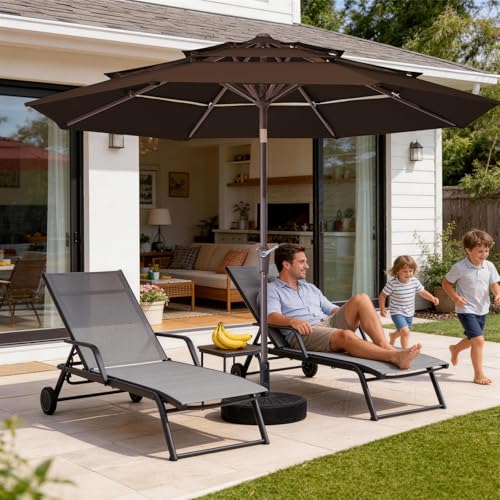 JEAREY 9FT 3 Tier Patio Umbrella Outdoor Market Umbrella Table Umbrellas with 8 Ribs 1.5 Pole Push Button Tilt and Crank UV Protection for Garden,Brown - color: Brown