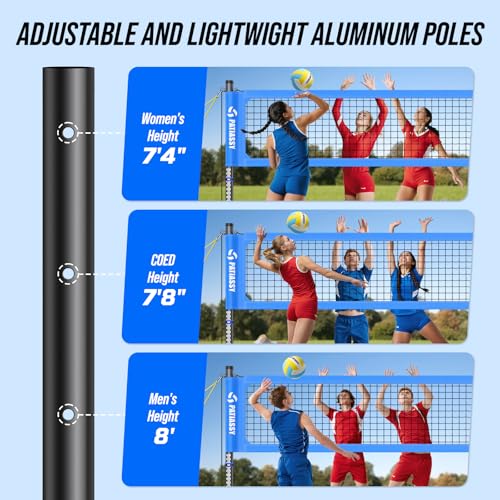 Professional Heavy Duty Volleyball Net Set for Backyard & Beach, Outdoor Net System with Steel Anti-Sag Winch, 32FT Reinforced Net, Height Adjustable Rust-Resistant Aluminum Poles, Portable Carry Bag - color: D-Blue