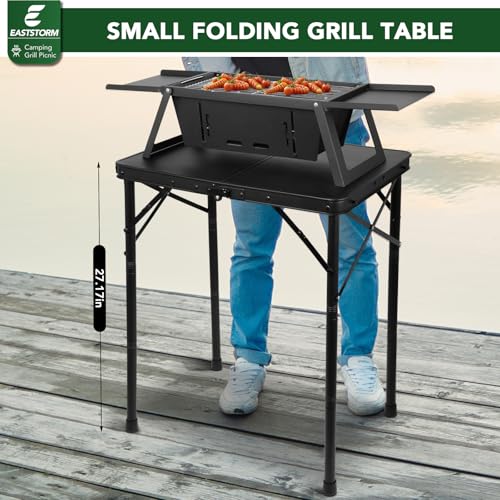 E EASTSTORM Small Metal Folding Table 3 Adjustable Heights, 23.6''×15.7''×27'' Heavy-Duty Portable Picnic Table for Outdoor Camping, Garden, Patio, Grill, BBQ, Party, 2Ft (Small, Black) - color: Black, size: Small 2ft - 23.6"l X 15.8"w - Iron Plate