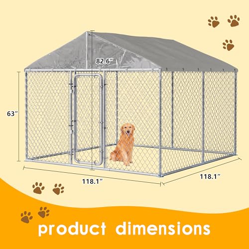 10 FT Large Outdoor Dog Kennel with Roof Heavy Duty Dog Kennel House, Galvanized Chain Link Dog Runs Pet Playpen with Waterproof UV-Resistant Cover and Secure Lock - size: 118.0"L x 118.0"W x 183.0"H