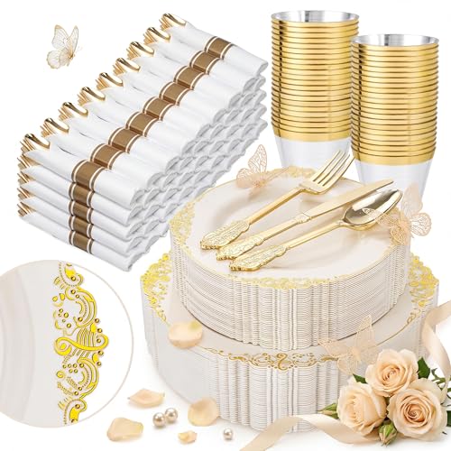 Nervure 350PCS Ivory Plastic Plates - Ivory Gold Plastic Dinnerware Sets for 50 Guests - 100 Gold Disposable Plates, 50 Pre Rolled Silverware Sets, 50 Cups Perfect for Wedding & Party & Mothers Day - color: Ivory and Gold