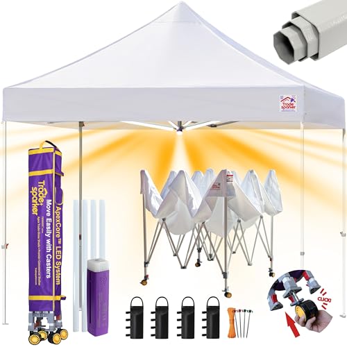 Tradesparker 8x8 Pop Up Canopy Tent,Commercial Movable Canopy with ApexCore LED&Rugged Casters-Instant Easy Setup Shelter Canopies with Weight Bags&Stakes for Outdoor Events Markets Vendors,White - color: White, size: 8x8