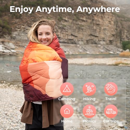 KingCamp Ultralight Camping Blanket, Packable Down Alternative Puffy Printed Wearable Blanket with Snap Buttons & Corner Loops Weatherproof Quilt for Outdoor Travel Stadium (78.7"L x 57.1"W, ORANGE) - color: Scenictrail-orange, size: 79" x 57"
