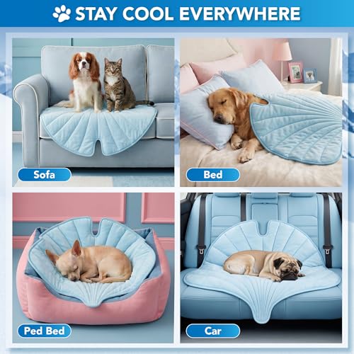 PetAmi Dog Cooling Mat, Ginkgo Leaf Shape, Pet Pad with Cooling Nylon & Soft Fleece, Q-Max > 0.4 Reversible All Season Blanket for Dogs & Cats, Large 55x59 in, Light Blue - color: Baby Blue, size: Large