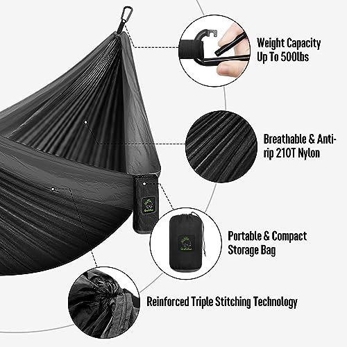 Grassman Camping Hammock Double & Single Portable Hammock with Tree Straps, Lightweight Nylon Parachute Hammocks Camping Accessories Gear for Indoor Outdoor Backpacking, Travel, Hiking, Beach - color: Black & Grey, size: Two Person
