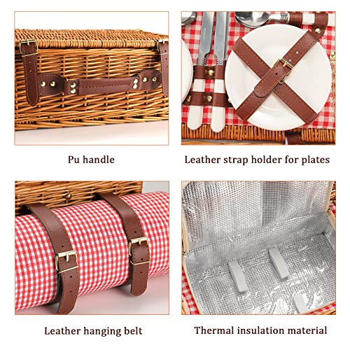 Picnic Basket for 4 Persons with Waterproof Picnic Blanket and Insulated Cooler, Large Wicker Picnic Basket for Camping, Outdoors, Valentine's Day, Christmas, Birthday, Wedding Gift - color: Red and White Small Plaid