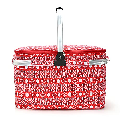Insulated Picnic Basket 26L Portable Collapsible Market Leakproof Tote with Aluminum Handle for Camping, Shopping, Travel, Large Size (Red) - color: Red