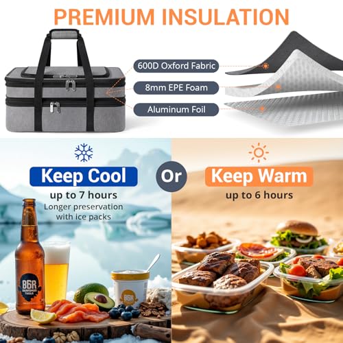 Double Insulated Casserole Carrier - Portable Casserole Carriers for Hot or Cold Food Lunch Tote Warmer or Cooler Bag for Potluck Parties Picnic Cookouts, Fits 9" x 13" Baking Dish - Grey - color: Gray