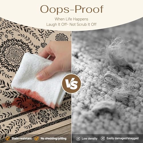 HUGEAR 3x5 Vintage Jute Indoor Outdoor Rug Washable Linen Textured Weave High Traffic Stain Resistant Non Slip Durable Carpet for Patio Deck Balcony Courtyard (Floral Black, 3' x 5') - color: Floral / Black, size: 3'x5' (Rectangular)