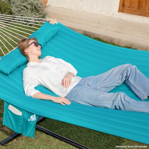 GAFETE Hammock 2 Person Quilted Fabric Hammocks for Outside, Double 12ft Hammocks with Spreader Bar, Large Removable Pillow, Storage Bag, Carabiners, Max 475 lbs Capacity (Canyon Creek Aqua) - color: Canyon Creek Aqua