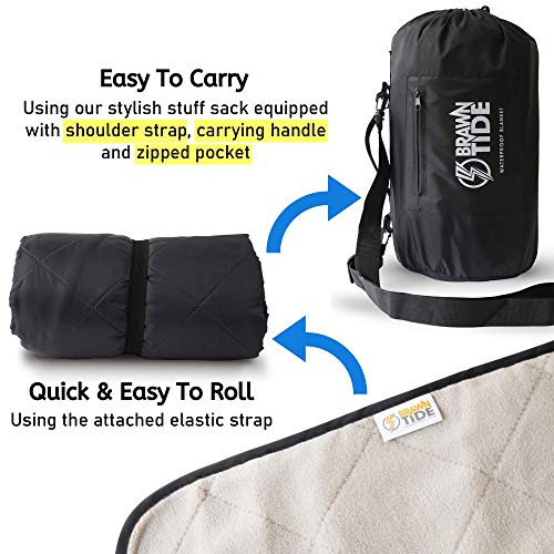 BRAWNTIDE Large Outdoor Waterproof Blanket - Extra Thick Fleece, Warm, Windproof, Sandproof, Quilted, 82" x 55", Ideal for Beaches, Picnics, Camping, Stadiums, Dogs, Car - color: Black