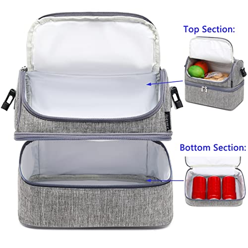 FlowFly Double Decker Cooler Insulated Lunch Bag Large Tote for Boys, Girls, Men, Women, With Adjustable Strap (Grey) - color: Gray