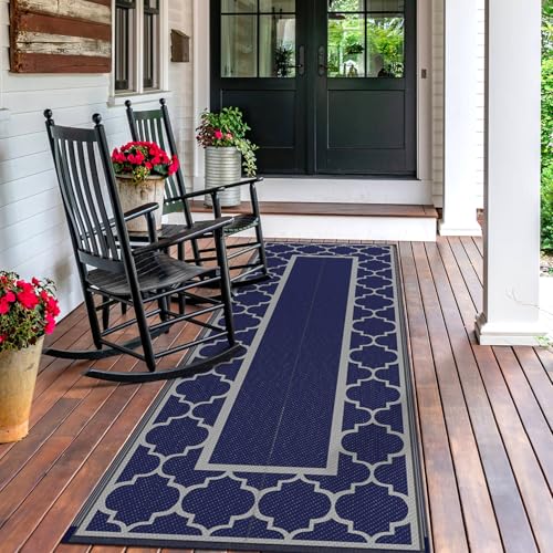 GENIMO 2.5 ' x 8 ' Outdoor Rug for Porch Patio Clearance, Waterproof Indoor Outdoor Plastic Straw Rugs Carpet, Reversible Outside Area Rv Mat for Camping, Balcony, Deck, Picnic, Beach (Blue & Gray) - color: Blue & Grey, size: 2'6" x 8' (Runner)