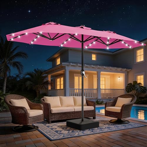 AreShark 13 FT Patio Umbrella with Solar Lights, Double-Sided Outdoor Table Umbrellas with Crank, Large Rectangular Market Umbrella for Porch, Lawn, Pool, Backyard, Rose Pink - color: Rose Pink, size: 6.5x13 Ft