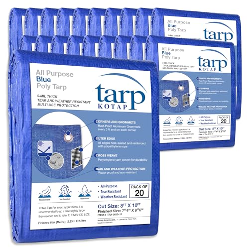 Kotap 8 x 10 Ft. All-Purpose Multi-Use Protection/Coverage 5-mil Poly Tarp, Waterproof, Blue, 20-Pack (TRA-0810-20) - color: Blue, size: 8 X 10 Ft., (20-pack)