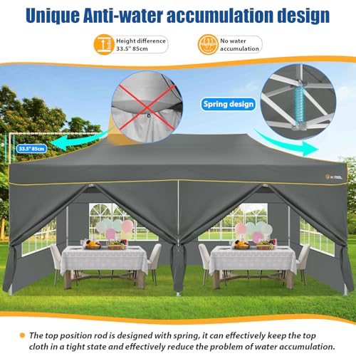 HOTEEL 10x20 Heavy Duty Pop up Canopy Tent with 6 Sidewalls, Easy Setup Outdoor Commercial Instant Gazebo for Parties Wedding Event, with Roller Bag & Sand Bags, Gray(Hexagonal Frame) - color: Dark Gray, size: 10x20ft (+6 Walls)