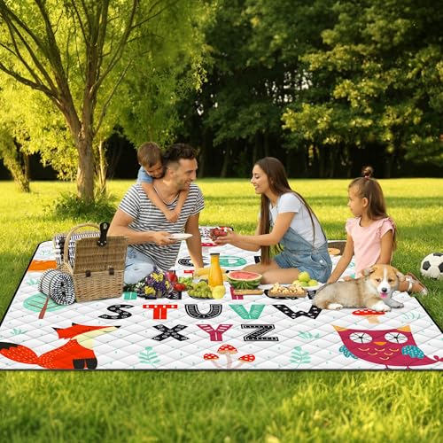 Poedist Extra Large Picnic Blanket Waterproof,80"x 80"Foldable Machine Washable Beach Blanket,Outdoor Blanket for 6-8 Adults,Suitable for Indoor Crawling,Park Beach,Camping,Hiking,Family Travel(ABC) - color: White Abc Letters, size: 6'8" x 6'8" (Square)