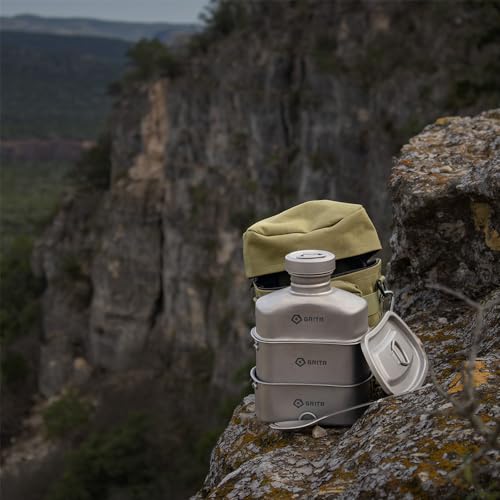 GRITR Titanium Canteen Mess Kit | Compact Portable Camping Open Fire Cookware Set for Backpacking, Hiking, Fishing | Ultralight Durable Outdoor Camp Cooking Utensils - Storage Bag Included