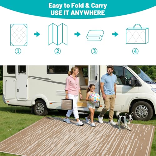 HEBE Outdoor Rug 8'x10' for Patios Clearance, Waterproof Reversible Plastic Straw Rug Camping Mat, Indoor Outdoor Area Rugs Carpet for Deck, Porch, RV, Picnic, Balcony - color: Stripe/Beige, size: 8' x 10' (Rectangular)