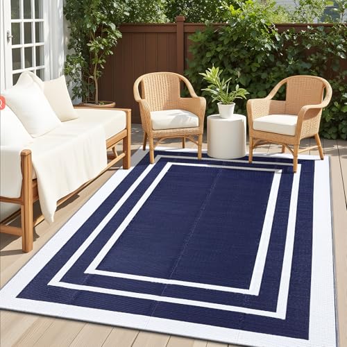 OLANLY Outdoor Rug 5x8 ft Waterproof, Reversible Outdoor Plastic Straw Rug, RV Mat, Indoor Outdoor Carpet Clearance for Patio, Camping, Balcony, Deck, Backyard, Navy & White - color: Navy Blue & White, size: 5' X 8' (Rectangular)