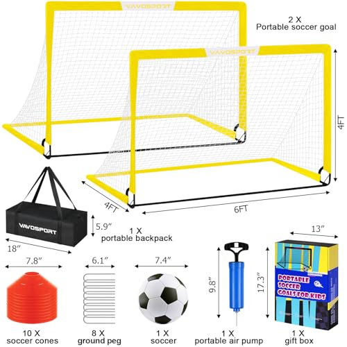 VAVOSPORT Soccer Goal, 2 of 6'x4' Kids Soccer Goals for Backyard Set, Portable Pop Up Soccer Net, Practice Soccer Training Equipment with Ball, Cones for Toddler,Youth Sports Outdoor Games Yard Play - color: Yellow