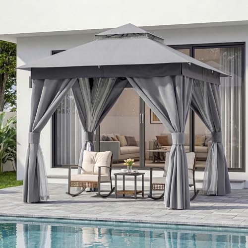 LAUSAINT HOME Gazebo 8x8ft, Heavy Duty Patio Gazebo with Expansion Bolts, Party Canopy Tent with Double Roofs, Mosquito Nettings and Privacy Screens for Backyard, Garden, Lawn, Grey - color: Gray, size: 8'x8'