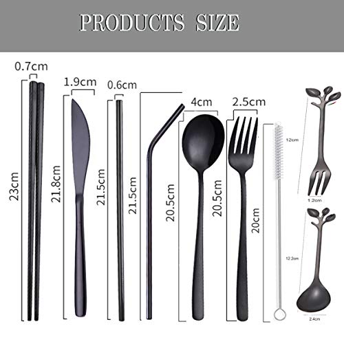 Travel Utensils Set with Case Reusable Stainless Steel Silverware Flatware Set 9 Pcs Portable Cutlery Eating Utensils Set for Lunch Boxes Workplace Camping School, Dishwasher Safe (Black) - color: Black Cutlery Set