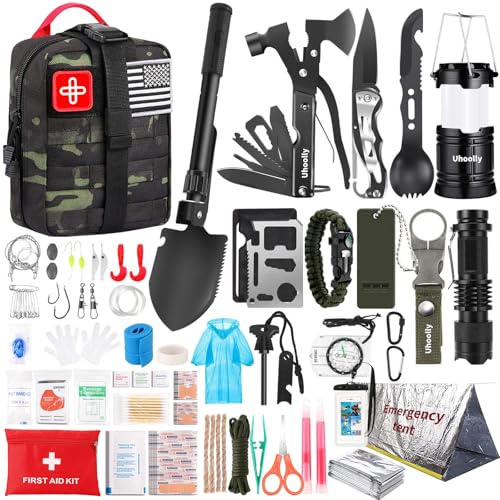 Survival Kit, Gifts for Men Women Teen Boys, 252 pcs Survival Gear and Equipment Mini First Aid Kit for Car Home, Emergency Kit with Molle System for Earthquake, Outdoor Adventure, Car Travel - style: 252pcs-camo