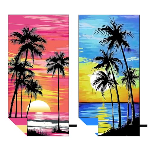 Oversized Microfiber Beach Towel Thin 2 Pcs, Pink Blue Sunset Seaside Double Sided Towel, Large Sand Free Quick Dry Soft Swim Absorbent Compat Towels for Adult Women Men, Summer Swim Holiday, 35"x71"