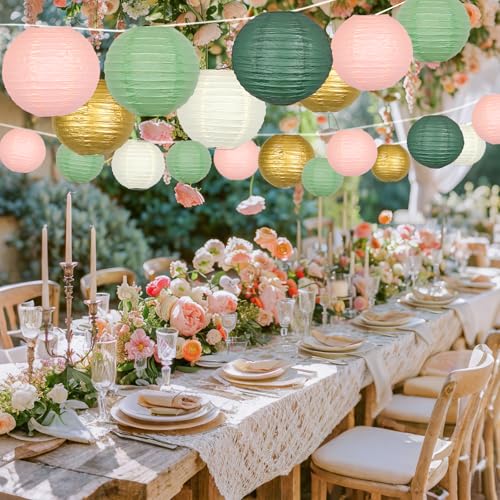 ADLKGG Paper Lanterns Decorative, Hanging Paper Lantern Decorations for Valentines Day Decorations Graduation Wedding St. Patrick's Day Neutral Baby Shower Home Decor Sage Green/Pink/Gold 21pcs - color: Pink green and white and gold