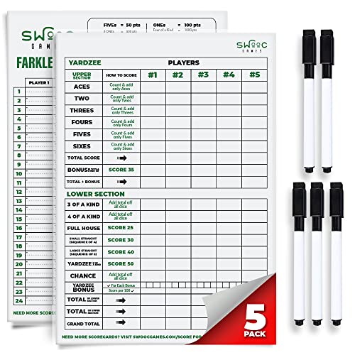 SWOOC Games® - 5 Big Premium Laminated Yardzee & Farkle Score Cards (11.5in x 8in) with Rules - Large Reusable Dry Erase Pads for Giant Outdoor Dice - style: Score Cards + Markers (5 Pack)