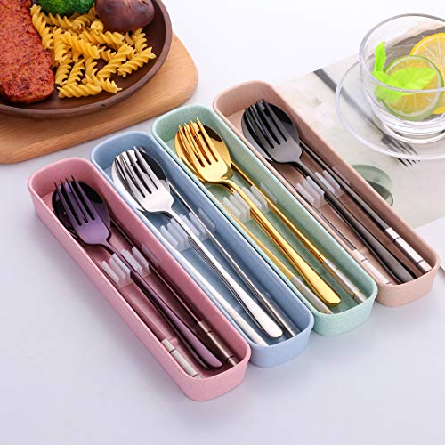 3 PCS Stainless Steel Travel Camping Flatware Set Fork Spoon Chopsticks with Portable Case, Gold - color: Gold